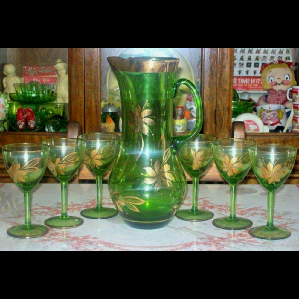Vintage 6 Stemware Glasses & Pitcher Emerald Green Glass Gold Leaves & Gold Trim